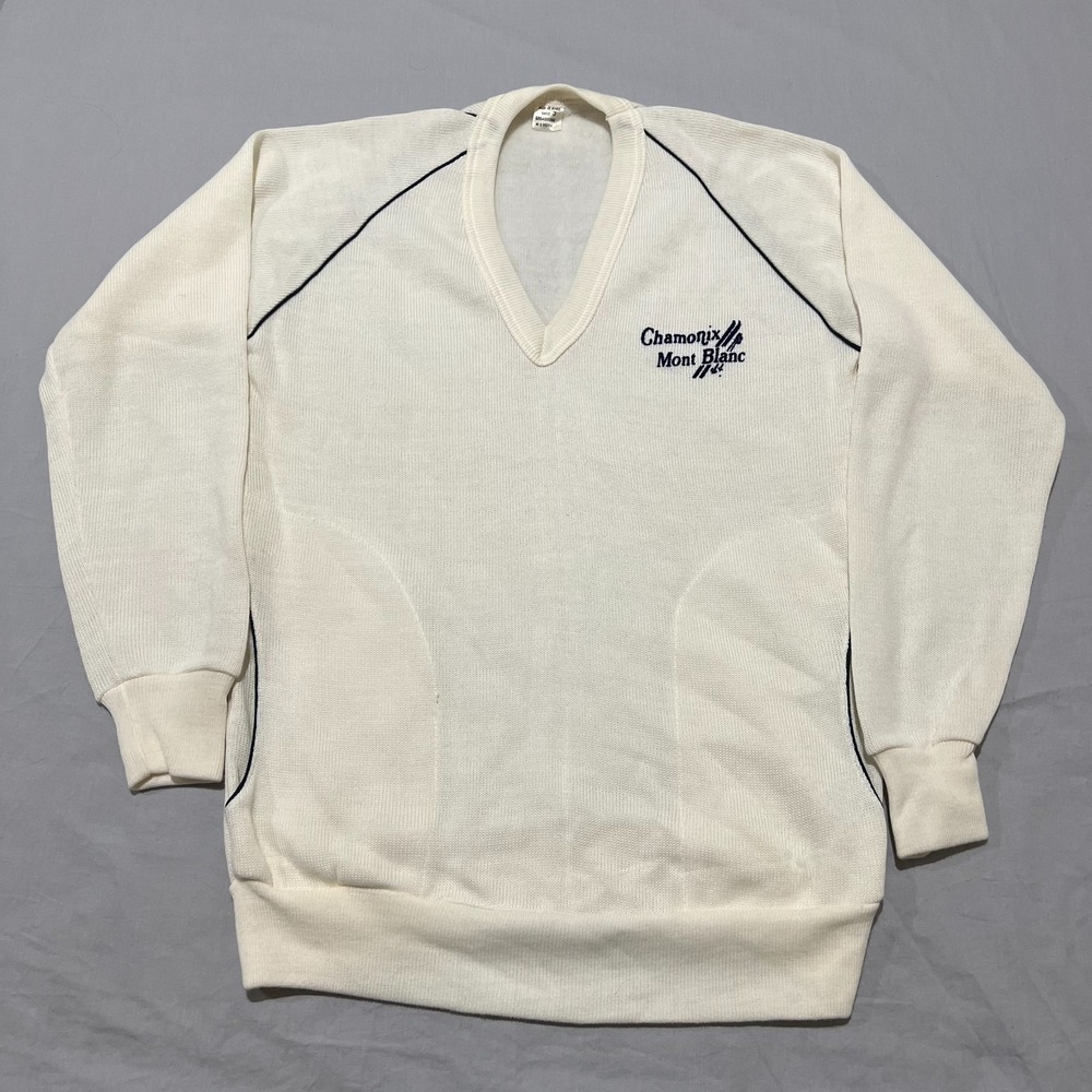 Vintage Rare Mens White Chamonix Mont Blanc Embroidered V-Neck Knit Sweater 3